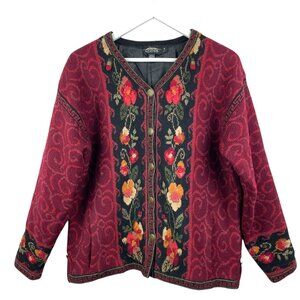 Vintage Icelandic Sweater Women M Wool Red Cardigan Full Zip Front Floral Button